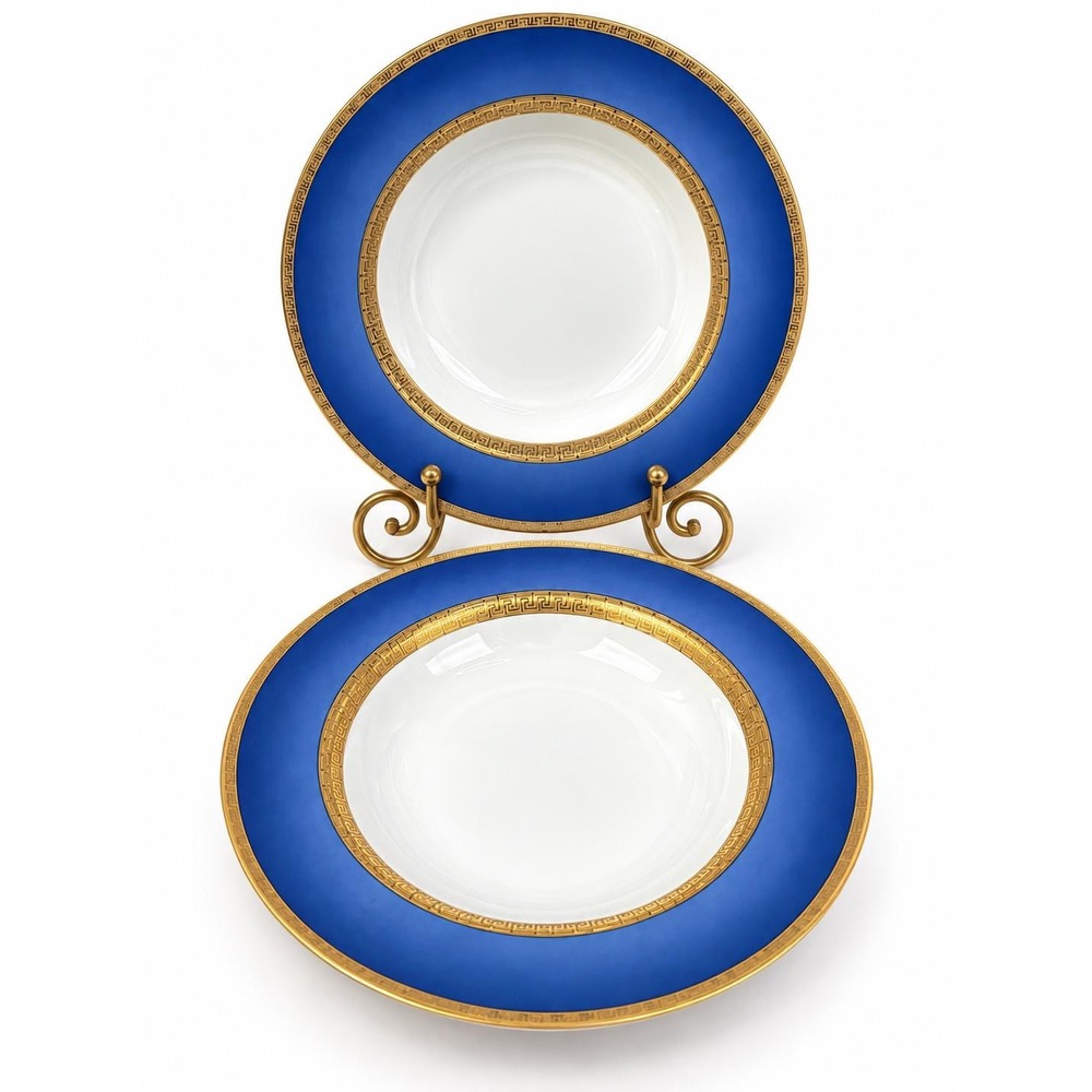 Fabergé Athena Fine China Rim Soup Bowls 9.25" Cobalt Blue Gold Set of 2 Retired